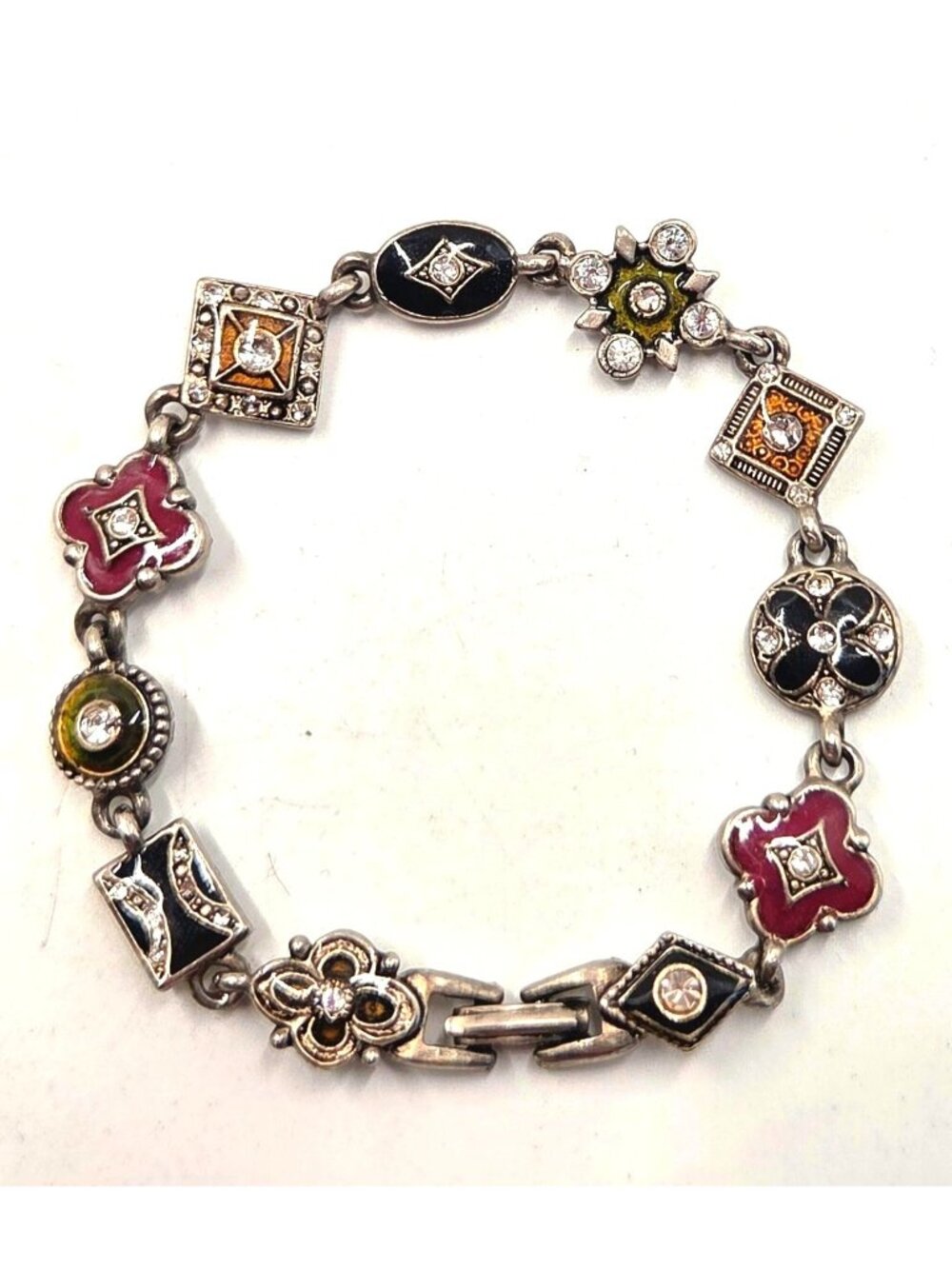 Multi-Color Silver-Tone Bracelet With Geometric & Floral Accents Rhinestone Deta